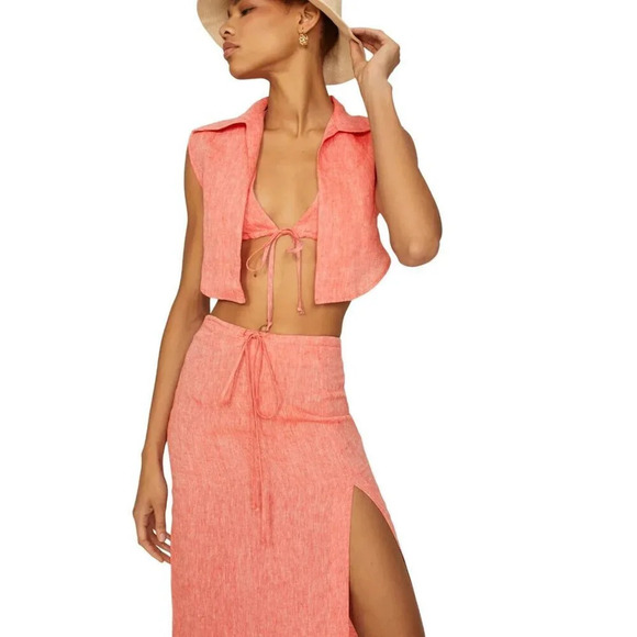 Matthew Burch Drawstring Midi Skirt in Red 1 Womens Linen - Picture 14 of 16